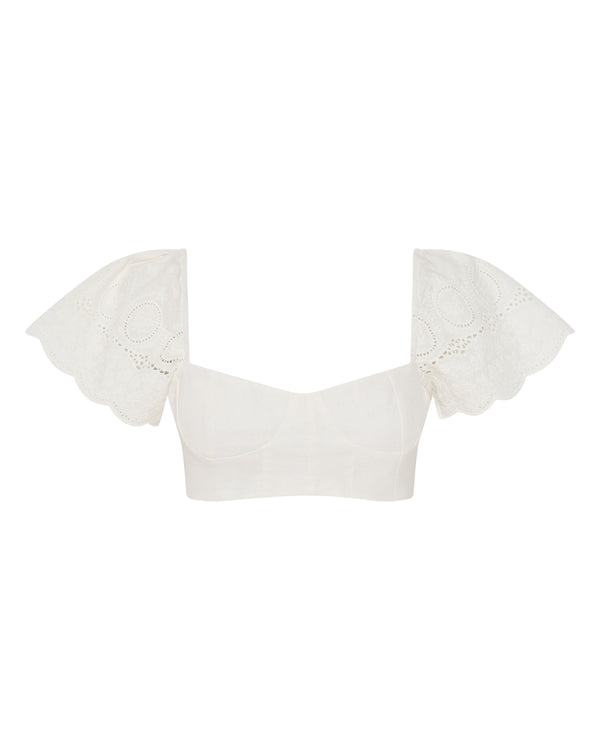 French Ivory Embroidered Flutter Sleeve Linen Crop Top