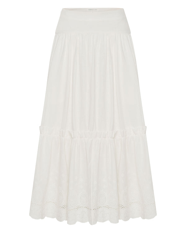 French Ivory Embroidered Linen Maxi Skirt