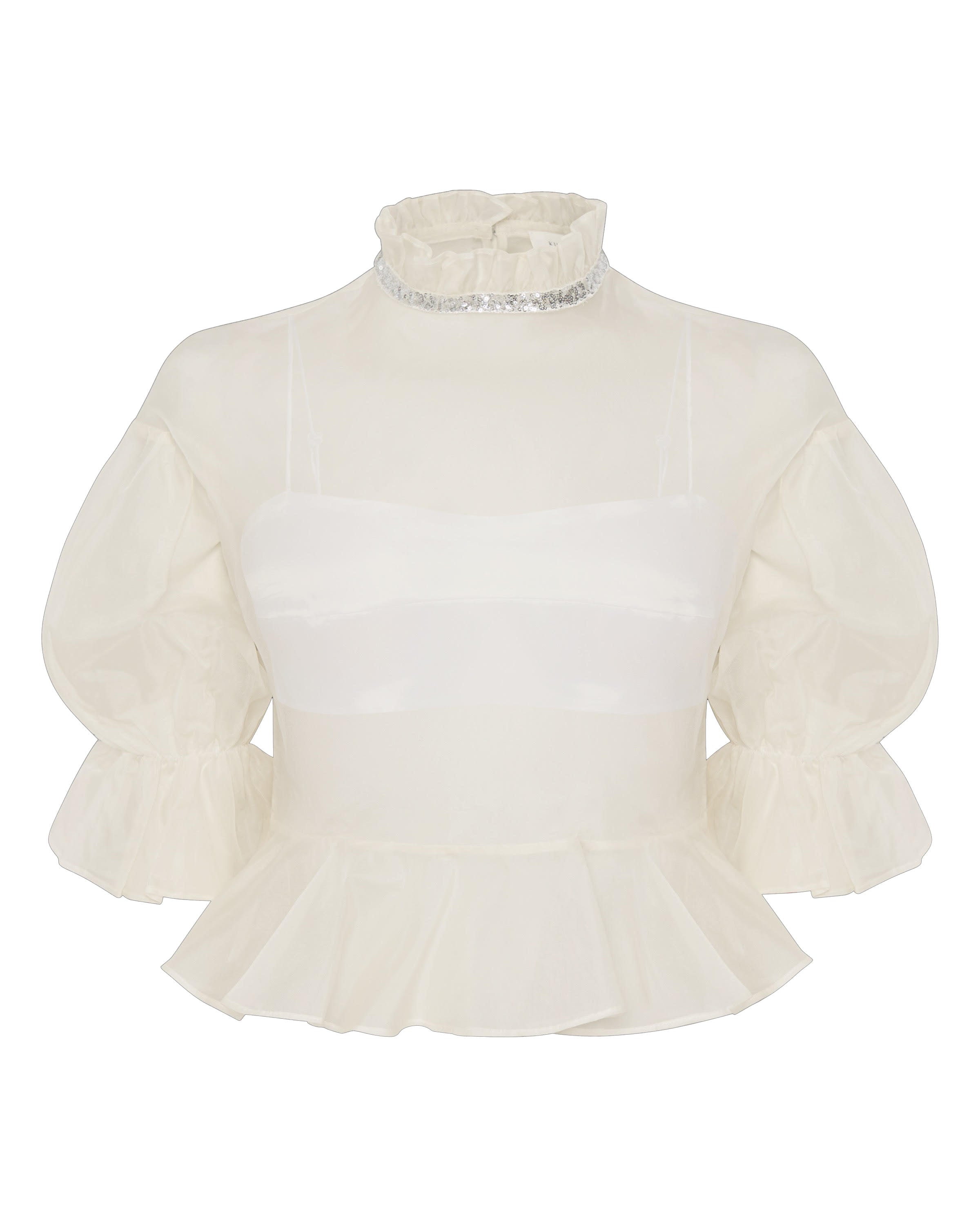 Beige Organza Silk Sheer Puffed Sleeve Blouse – TJORI