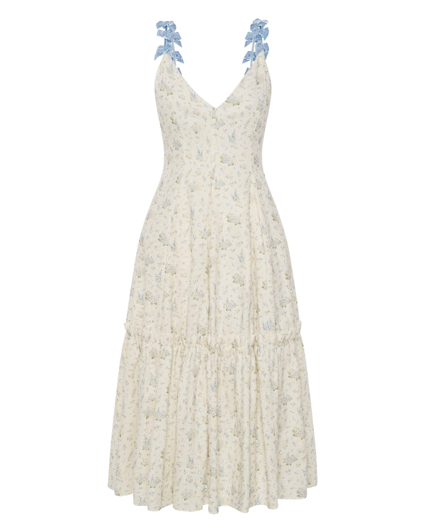 Hydrangea Blue Linen Midi Dress with Velvet Bows