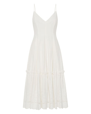 French Ivory Embroidered Linen Midi Dress with Pockets
