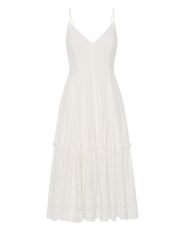 French Ivory Embroidered Linen Midi Dress with Pockets