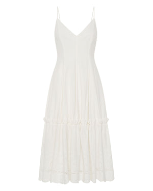 french ivory white lace embroidered elegant summer midi dress v neck shoulder strap