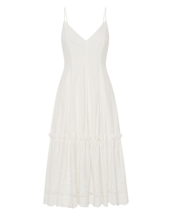 french ivory white lace embroidered elegant summer midi dress v neck shoulder strap