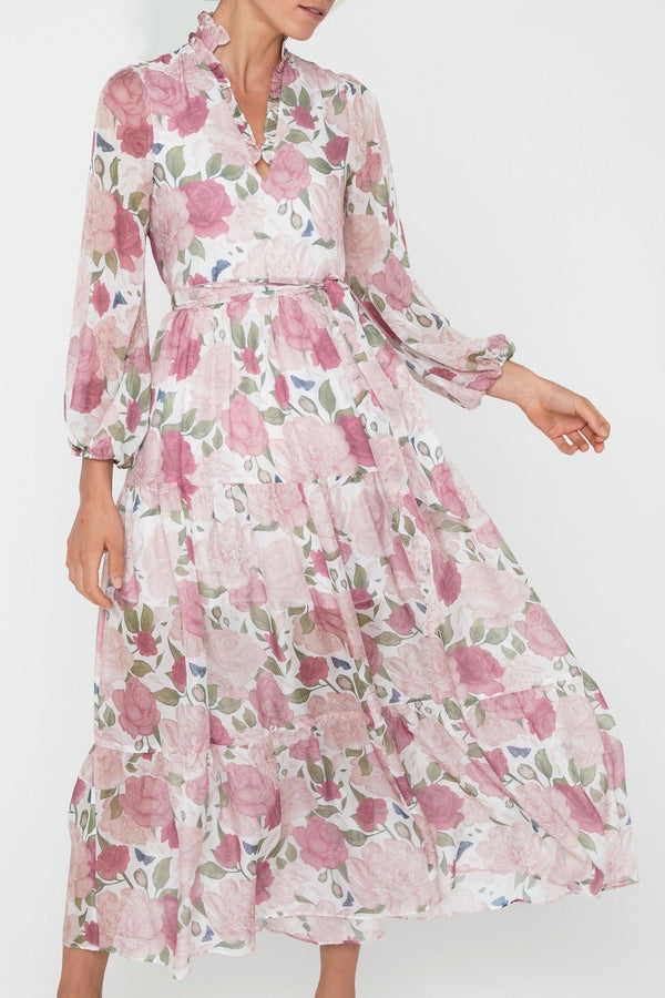 rose peony silk maxi dress elegant mother of the bride wedding guest pink floral flowing long sleeve